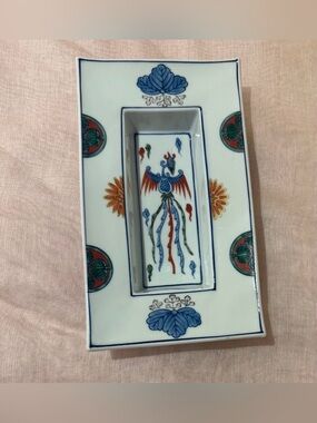 Vintage Japanese Arita Porcelain Footed Rectangular Dish - Phoenix & Paulownia